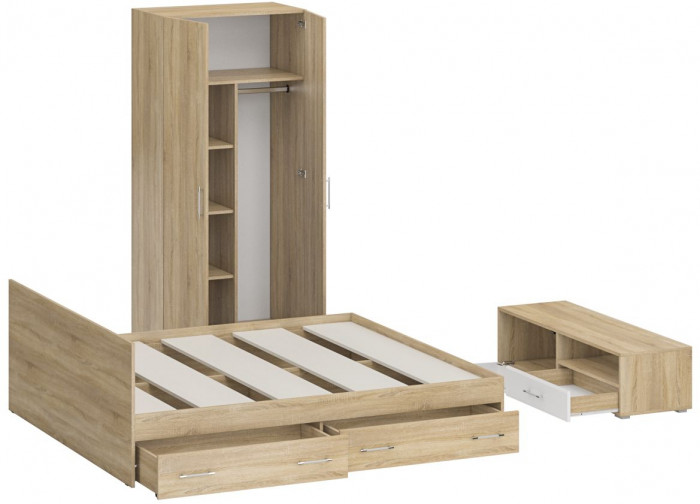 Спальня Стандарт 3-1800Я, дуб сонома/фасады ТВ тумбы МДФ белый глянец