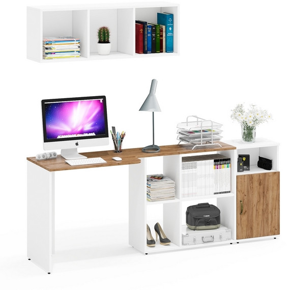 Лидер-8 Стол + Полка + Тумба МД 3.19, цвет белый шагрень/крафт золото, ШхГхВ 205х50/30х75 см. или 115х50/120х75 см., НЕ универсальная сборка