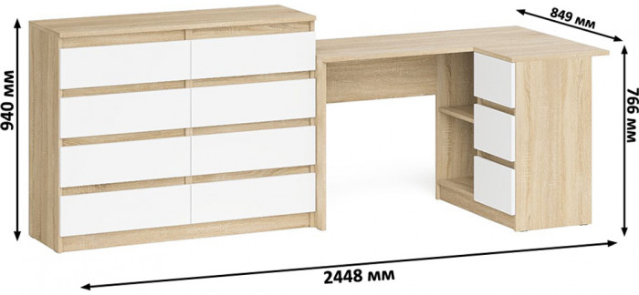 Мори Стол компьютерный МС-16 правый + Комод МК1200.8, цвет дуб сонома/белый, ШхГхВ 244,8х84,9х94 см., выдвижные ящики справа, НЕ универсальная сборка