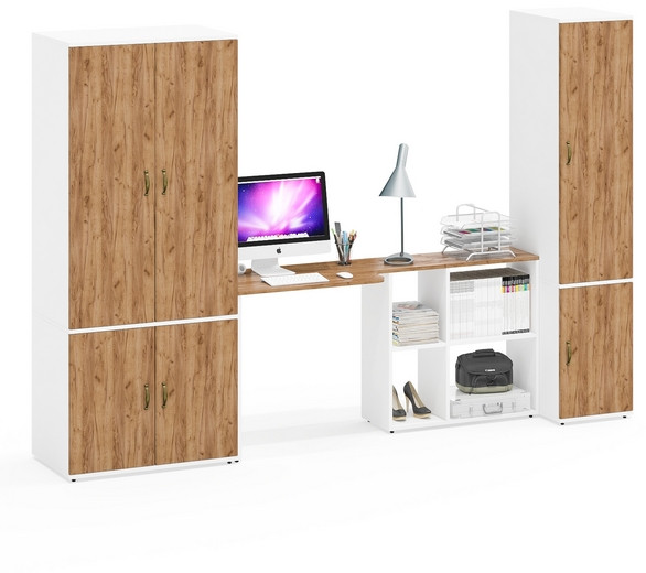 Лидер-8 Шкаф МД 19Б + Стол + Пенал 23Б, белый шагрень/крафт золото