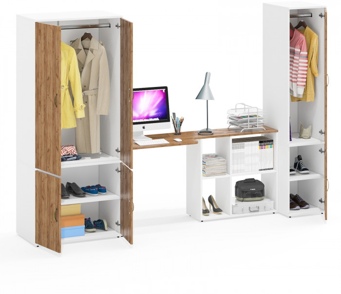 Лидер-8 Шкаф МД 19Б + Стол + Пенал 23Б, белый шагрень/крафт золото