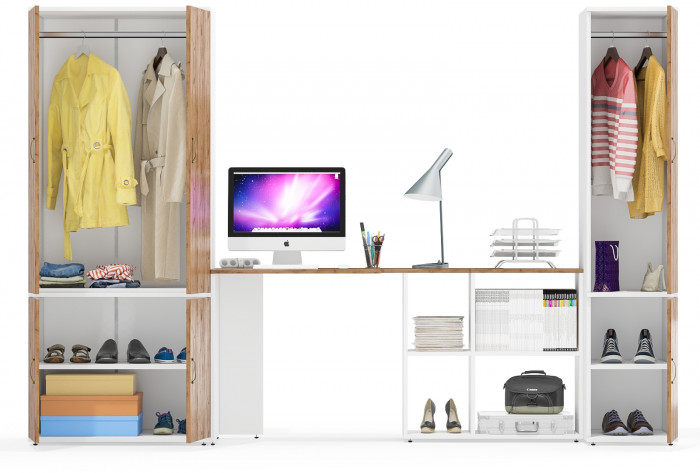 Лидер-8 Шкаф МД 19Б + Стол + Пенал 23Б, белый шагрень/крафт золото