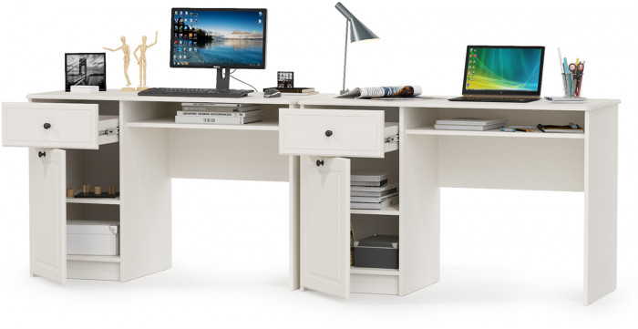 КР100 Роуз 12.148 Стол письменный + 12.148 Стол письменный, цвет ЛДСП белый(тиснение Поры дерева)/МДФ ясень ваниль, ШхГхВ 238х51,7х76,3 см., ун. сб.