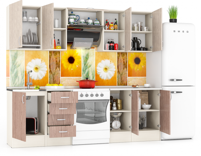 Кухня Мери 06 ШВ500+ШВ400+ШВв600+ШВ400+ШВ500+ШНМ500+ШН4Я400+ШН400+ШН500, цвет дуб/ясень шимо светлый/тёмный, ШхГхВ 240х30х67 см./180х60х85 см.