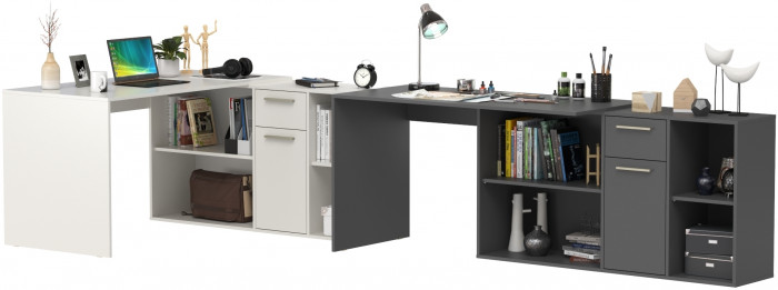 Два Стола письменных Лайт 03.245, цвет белый шагрень/тёмно-серый, ШхГхВ 342,9х136х75,2 см.(угловой) или 407,2х60х75,2 см.(прямой), универс. сборка