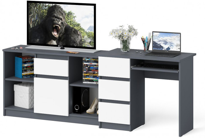 Мори Стол компьютерный МС-6 левый + Тумба МТВ1204.1, цвет графит/белый, ШхГхВ 210,4х50х76,6 см., выдвижные ящики слева, НЕ универсальная сборка
