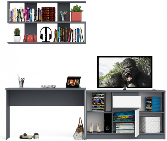 Мори Стол письменный МСП1200.1 + Тумба МТВ1204.1 + Полка 1200, цвет графит/белый, ШхГхВ 240,8х50х209,6 см., универсальная сборка