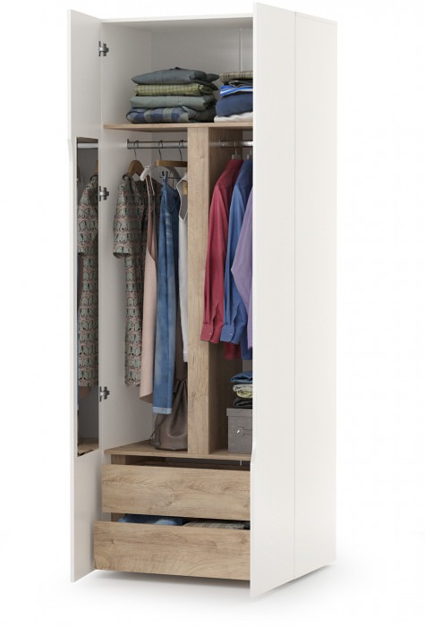 Муссон 13.198 Шкаф двухстворчатый, цвет белый/дуб эндгрейн элегантный, ШхГхВ 87,4х52,2х229,8 см., 2 ящика и зеркало внутри, универс. сборка наполнения