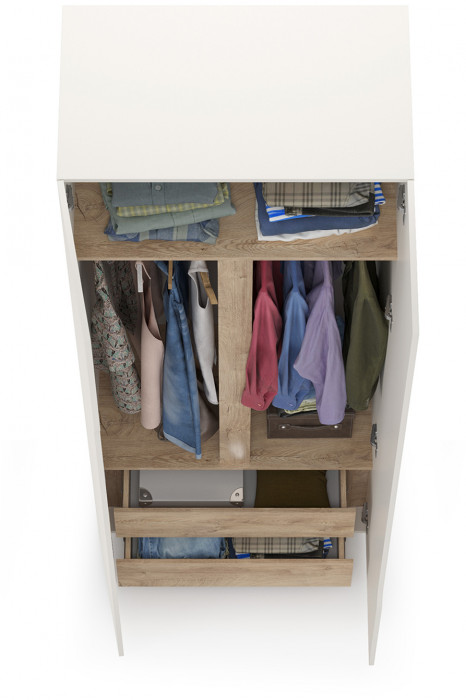 Муссон 13.198 Шкаф двухстворчатый, цвет белый/дуб эндгрейн элегантный, ШхГхВ 87,4х52,2х229,8 см., 2 ящика и зеркало внутри, универс. сборка наполнения