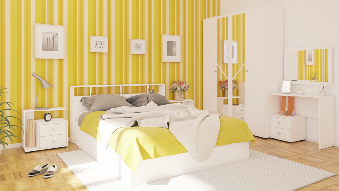 Камелия спальня № 2 Кровать 1600 + Две тумбы + Стол косметич. + Зеркало + Шкаф 4-х, белый