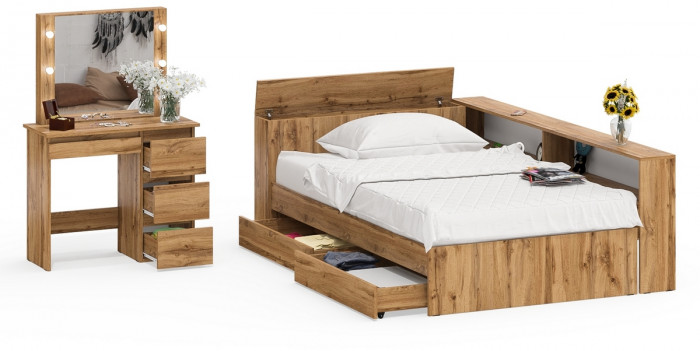 Ксения Кровать с ящиками 1200 + прикроватный блок + Столик с подсветкой Сура, дуб вотан