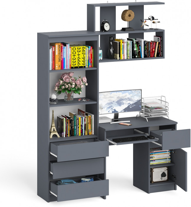 Мори компьютерный стол МС-1 правый + Стеллаж МСТ600.3 + Полка 900, графит