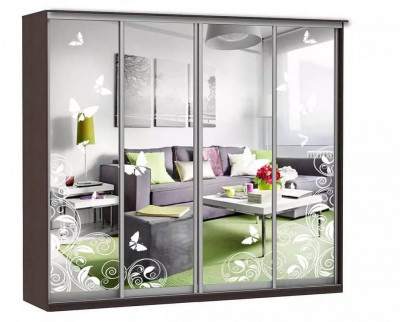 Шкаф купе Модерн 2362х600 4-х дверный 3-х секционный зеркальный с пескоструем №4 венге