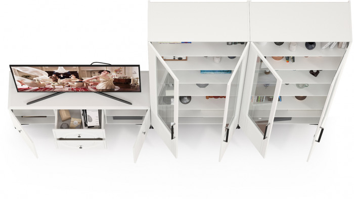 Валенсия Гостиная № 073, цвет ЛДСП белый шагрень/МДФ белый шагрень, ШхГхВ 301,3х38,3х225,2 см., универсальная сборка