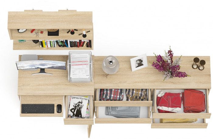 Мори Стол компьютерный МС-1 правый + Комод МК1380.6 + Полка 900, цвет дуб сонома, ШхГхВ 228х50х209,6 см., НЕ универсальная сборка