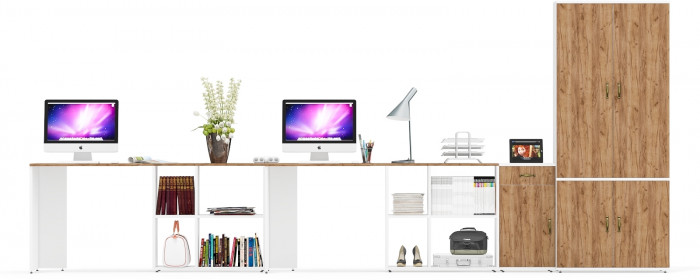 Лидер-8 Стол + Стол + Шкаф МД 20Б + Тумба МД 3.15, цвет белый шагрень/крафт золото, ШхГхВ 450х50/37,5х75/190 или 230х200/50х75/190 см., НЕ ун. сб.