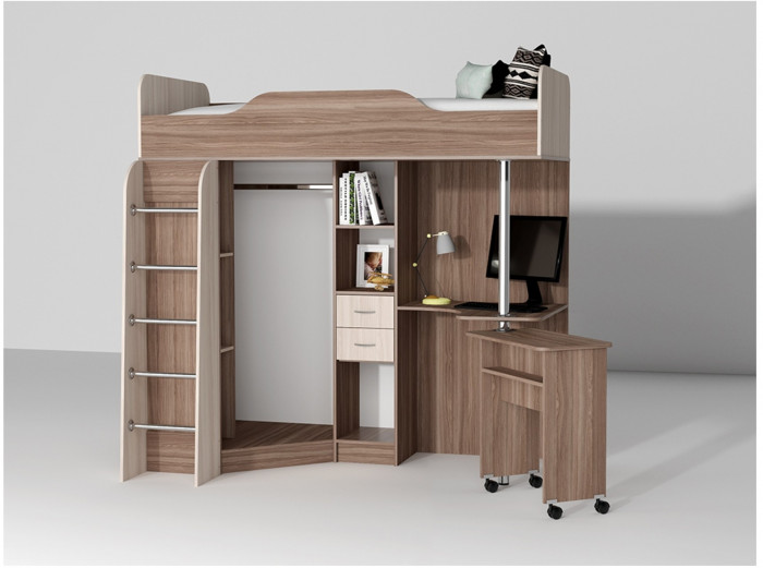 Кровать-чердак Бриз-1 80х190 (Дуб Крафт Золотой / Белый Глянец)