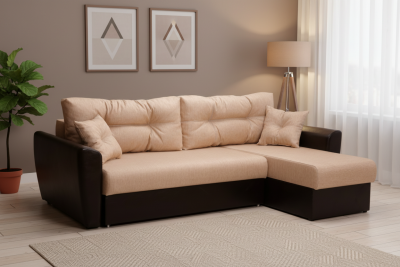 Диван-еврокнижка угловой Амстердам, 160х200, рогожка/экокожа бежево-коричневый