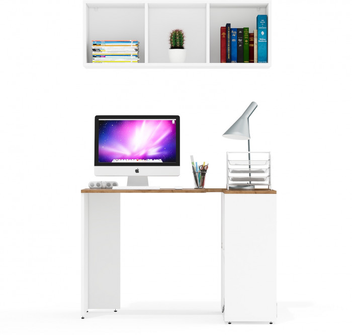 Лидер-8 Стол + Полка, цвет белый шагрень/крафт золото, ШхГхВ 165х50/30х190 см. или 115х50/80х190 см., НЕ универсальная сборка