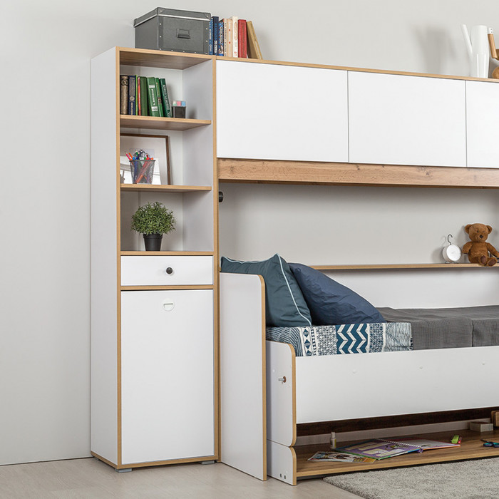 Вуди 13.146 Стеллаж, цвет белый премиум/дуб крафт золотой, ШхГхВ 45х40,2х180,3 см., универсальная сборка