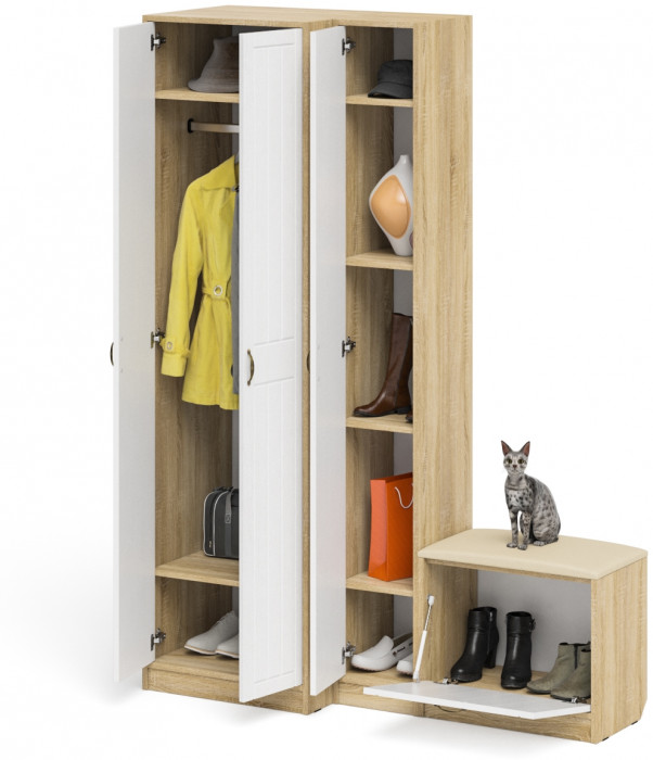 Прихожая П-6 Компоновка № 25, цвет дуб сонома/фасады МДФ белое дерево фрезеровка прованс, ШхГхВ 150х50х210 см., универсальная сборка