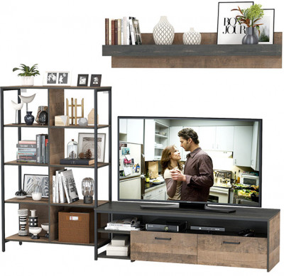 Трувор 13.70 Тумба под ТВ + 13.151.02 Стеллаж + 15.60 Полка, цвет дуб гранж песочный/интра, ШхГхВ 239,8х45,4х146 см., универсальная сборка