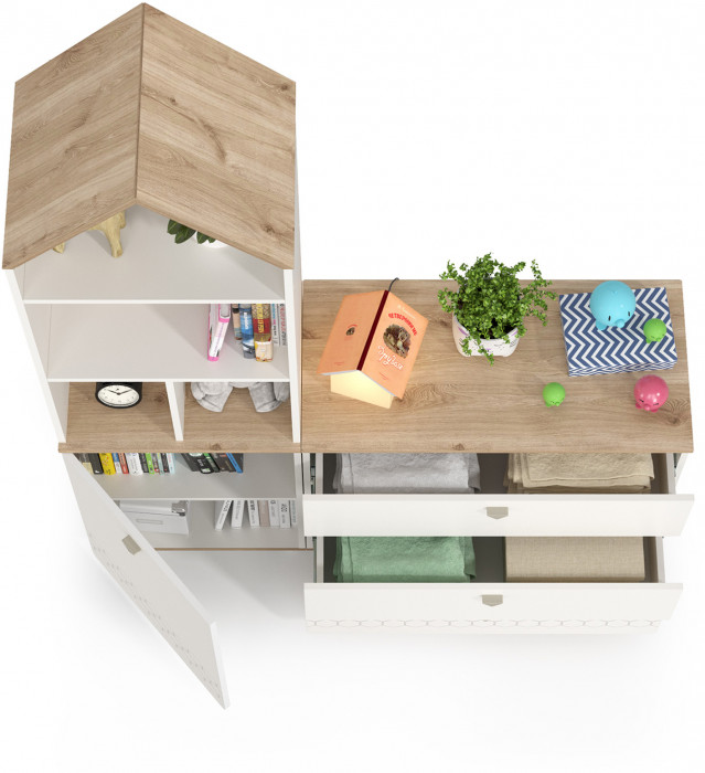 Эйп 13.14 Стеллаж + 13.322 Комод, цвет белый/дуб белый, ШхГхВ 138х41,5х183,8 см., универсальная сборка