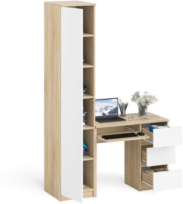 Мори Стол компьютерный МС-6 правый + Пенал МШ400.1, цвет дуб сонома/белый, ШхГхВ 130,4х50,4х209,6 см., выдвижные ящики справа, НЕ универсальная сборка