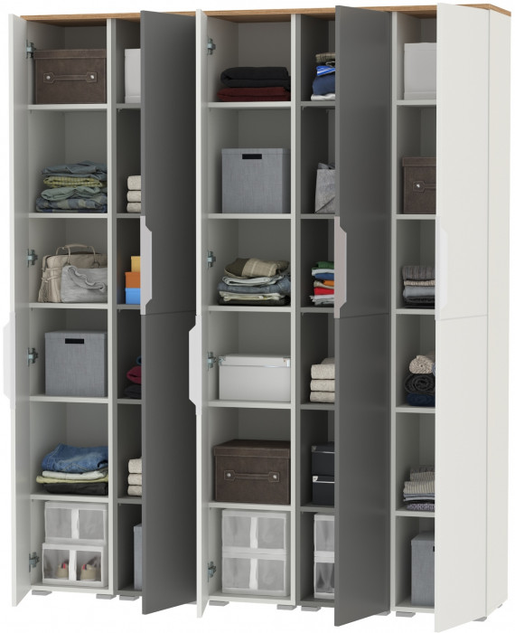 Октава Набор шкафов 48, цвет белый шагрень/серый графит/дуб крафт золотой/фасады МДФ белый шагрень/серый графит, ШхГхВ 161х35,3х197,6 см., ун. сб.