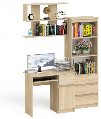 Мори компьютерный стол МС-1 правый + Стеллаж МСТ600.3 + Полка 900, дуб сонома