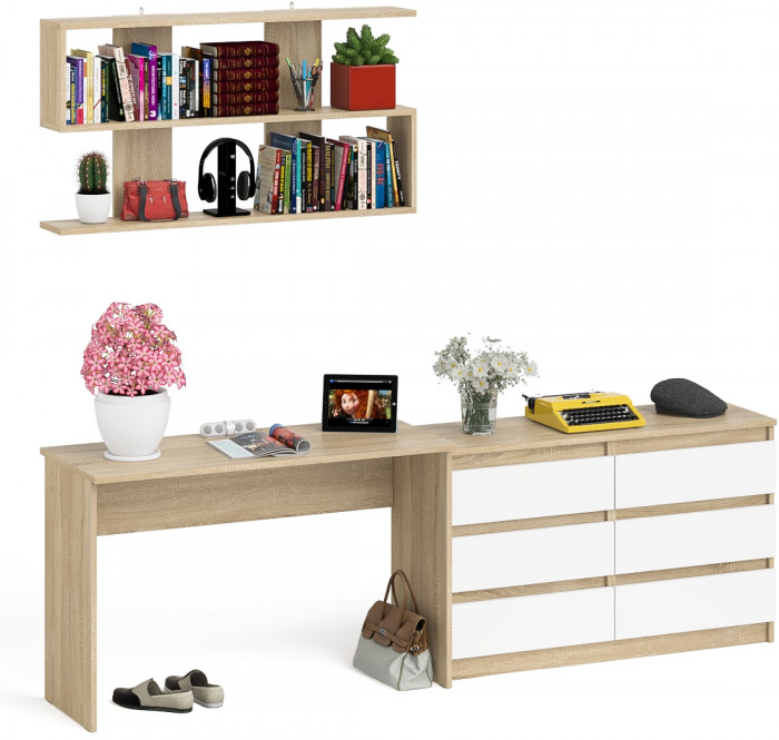 Мори письменный стол МСП1200.1 + Комод МК1200.6 + Полка 1200, дуб сонома/белый