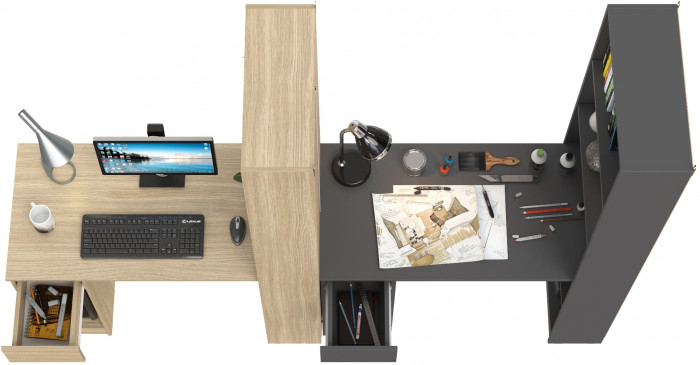 Два Стола письменных Лайт 10.01, цвет плэйн/тёмно-серый, ШхГхВ 230,6х58,2х179 см., универсальная сборка(обязательно крепление к стене)