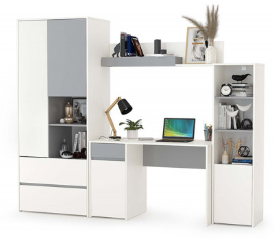 Торонто Компоновка № 04, цвет белый шагрень/стальной серый, ШхГхВ 240х53,1х195,7 см., универсальная сборка