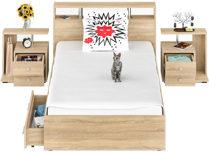 Камелия Кровать с ящиками 1200 + две тумбы, цвет дуб сонома, ШхГхВ 236х217х78,2 см., сп.м. 1200х2000 мм., без матраса, основание есть