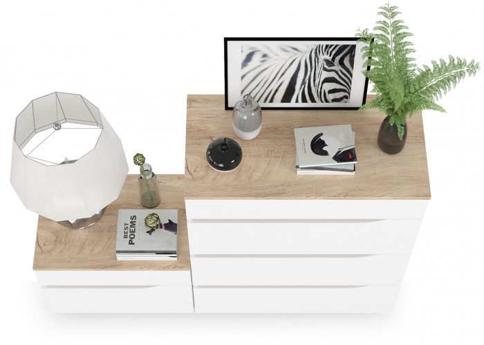 Муссон 13.97 Комод + 16.03 Тумба, цвет белый/дуб эндгрейн элегантный, ШхГхВ 133х39,4х92,6 см., четыре выдвижных ящика, ручки-вырезы, НЕ универс. сб.