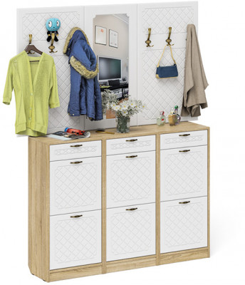 Прихожая П-6 Компоновка № 06, цвет дуб сонома/фасады МДФ белое дерево фрезеровка ромб, ШхГхВ 170х35х200 см., универсальная сборка