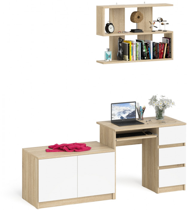 Мори компьютерный стол МС-6 правый + Тумба МА900.1 + Полка 900, дуб сонома/белый