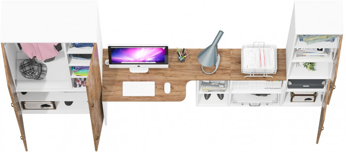 Лидер-8 Шкаф МД 20Б + Стол + Пенал, цвет белый шагрень/крафт золото, ШхГхВ 285х50/37,5х75/190 или 195х120х75/190 см., НЕ универсальная сборка