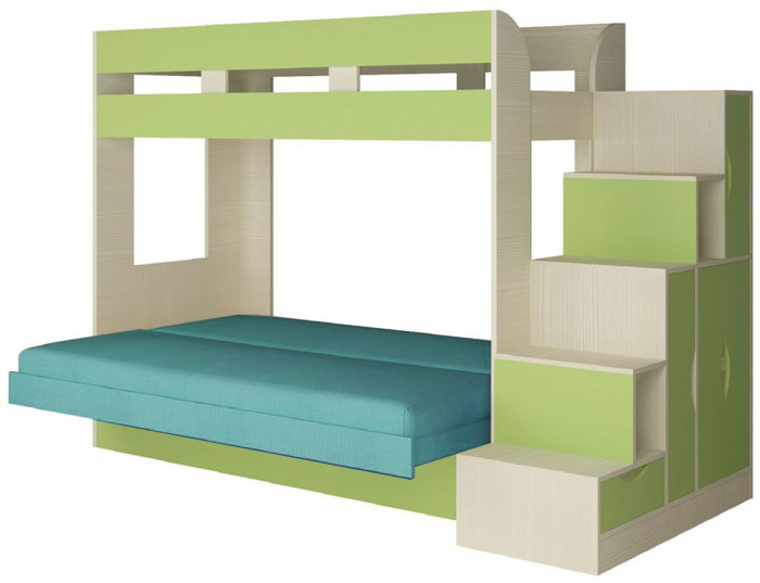 Карамель 75-01 Кровать-чердак Зеленый / Бодега светлый / Велюр Морская волна