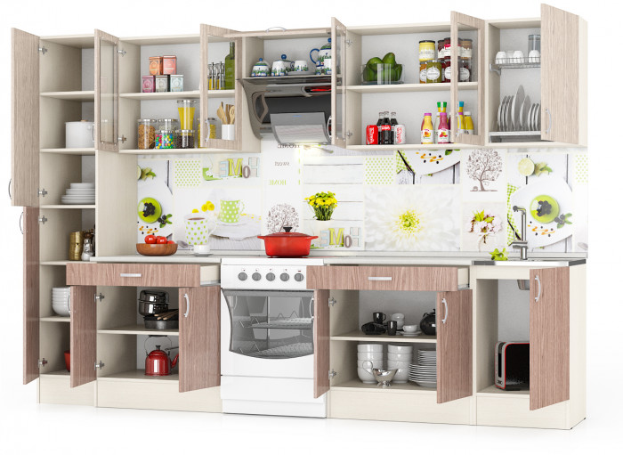 Кухня Мери 10 ШВ500+ШВС800+ШВв600+ШВС800+Пенал кухонный 40 см.+ШНМ500+ШН1Я800+ШН1Я800, цвет дуб/ясень шимо светлый/тёмный, ШхГхВ 310х60х212 см.