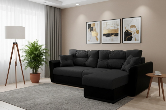 Диван-еврокнижка угловой Амстердам, 150х200, рогожка/экокожа черный