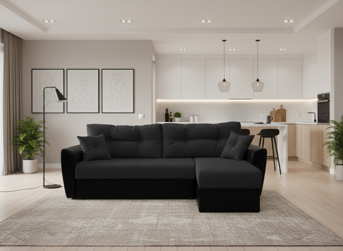 Диван-еврокнижка угловой Амстердам, 150х200, рогожка/экокожа черный