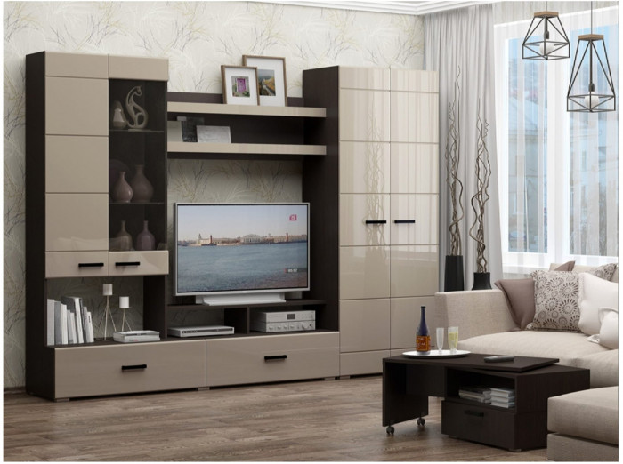 Гостиная Гамма-17 МДФ (Белый глянец, Ясень шимо светлый)