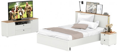 Остин 11.53 Кровать + ортопед + 16.47 Тумба под ТВ + 16.152 Тумба прикроватная, белый шагрень/дуб крафт золотой