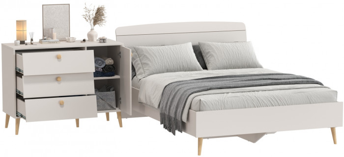 Афина Спальня Кровать 1400 + Комод, цвет кашемир серый, ШхГхВ 144,6х210,2х95,7 + 110х45,3х83 см., сп.м. 1400х2000 мм., б/м, основание есть