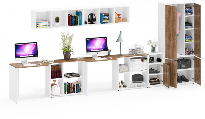 Лидер-8 Стол + Полка + Стол + Полка + Шкаф МД 20Б + Тумба МД 3.19, белый шагрень/крафт золото