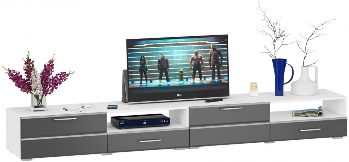 Тумба под ТВ Ларго 1,4 + Ларго 1,4, цвет корпус белый/фасады МДФ графитово-серый глянец, ШхГхВ 280х46х35 см., НЕ универсальная сборка