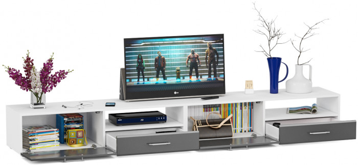 Тумба под ТВ Ларго 1,4 + Ларго 1,4, цвет корпус белый/фасады МДФ графитово-серый глянец, ШхГхВ 280х46х35 см., НЕ универсальная сборка