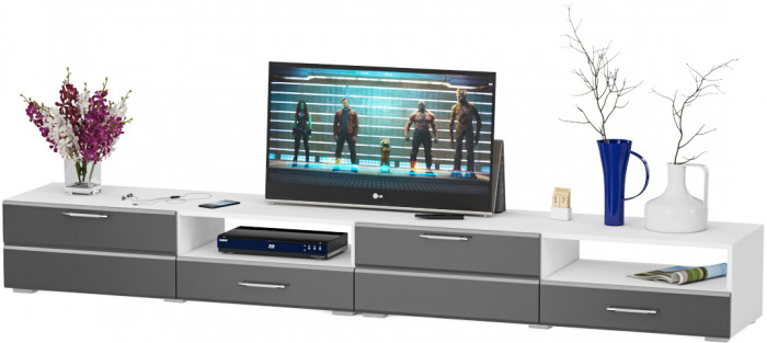 Тумба под ТВ Ларго 1,4 + Ларго 1,4, цвет корпус белый/фасады МДФ графитово-серый глянец, ШхГхВ 280х46х35 см., НЕ универсальная сборка