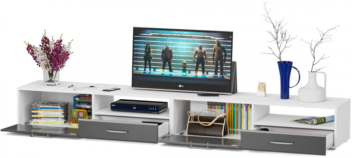 Тумба под ТВ Ларго 1,4 + Ларго 1,4, цвет корпус белый/фасады МДФ графитово-серый глянец, ШхГхВ 280х46х35 см., НЕ универсальная сборка